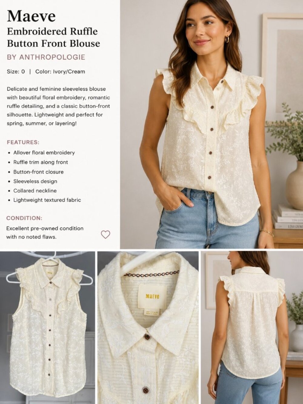 Maeve Embroidered Ruffle Button Front Blouse | Anthropologie | Size 0